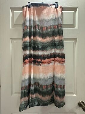 Peach and Olive Wave Print Maxi Skirt